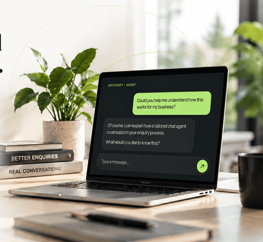 Advisory Agent bespoke AI Chat Agent interface showcased on modern laptop workspace