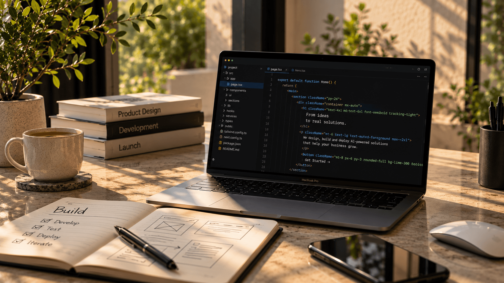 Modern engineering and workspace setup with laptop and design tools