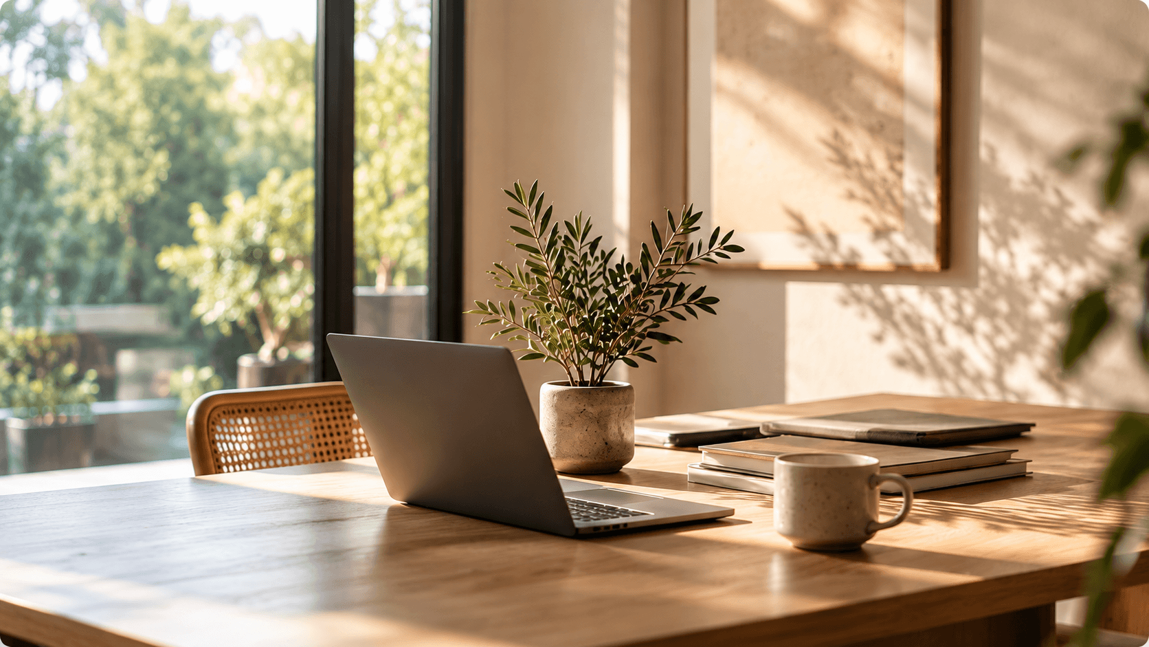 Warm, sunlit workspace with laptop, potted plant, notebook, and coffee mug