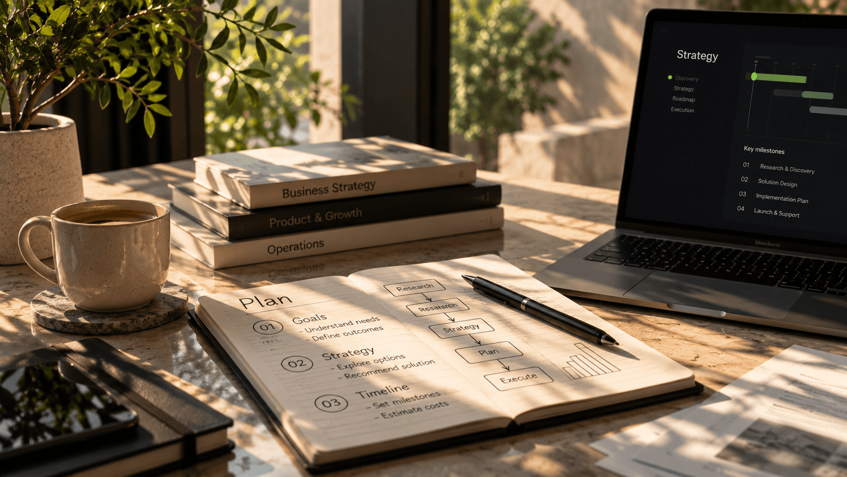 Strategic planning workspace with notepad and clean architectural elements